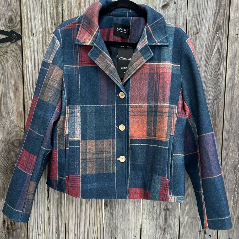 CHARTOU Wool Blend Lapel Collar Double Breasted Plaid Peacoat Jacket XL NWT NEW